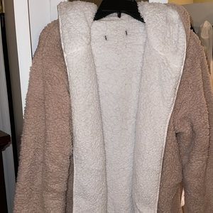 Tan and white Shein reversible Sherpa hooded jacket